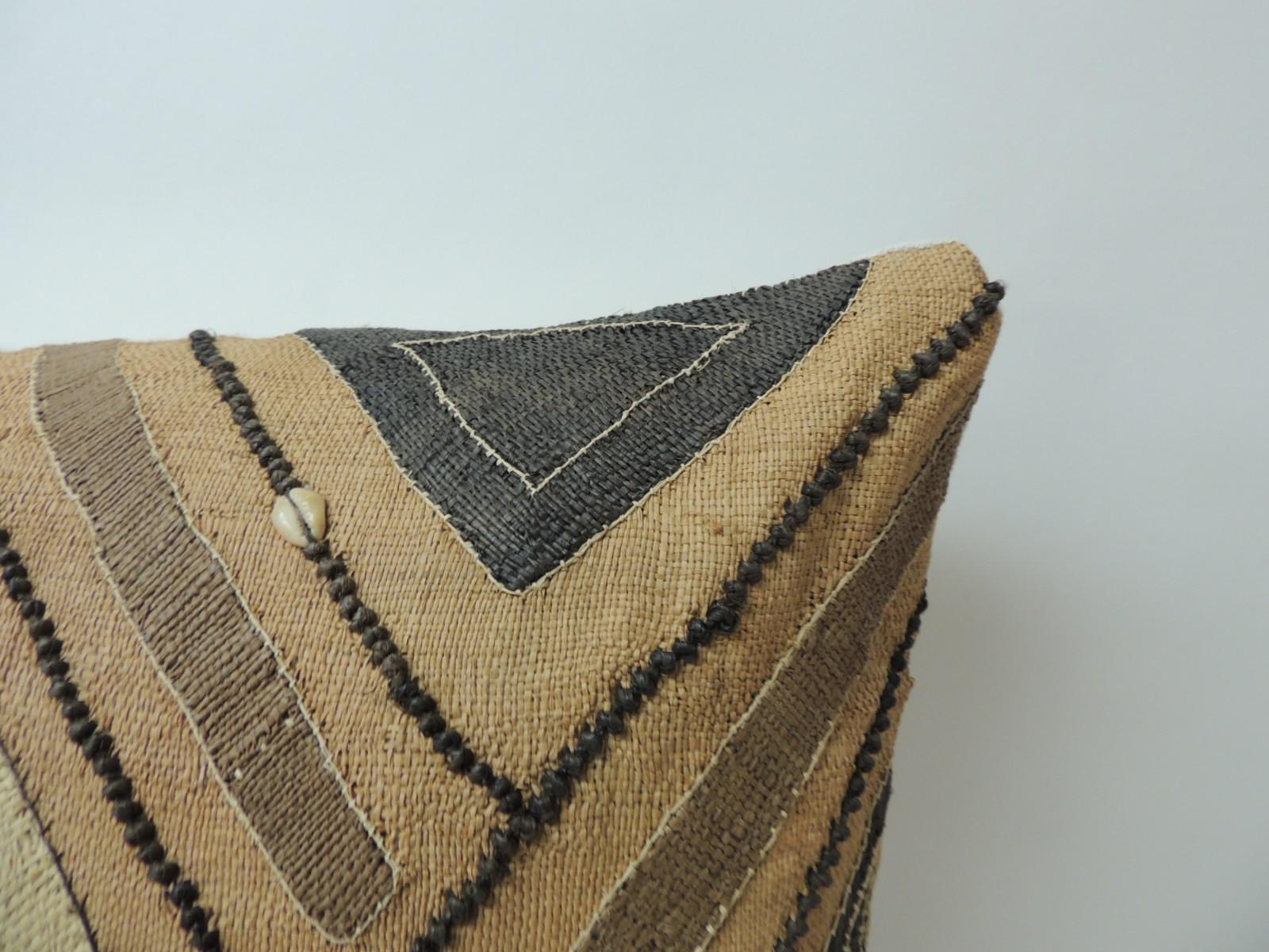 Tribal Vintage Tan and Black Raffia Appliqué Kuba Decorative Pillow