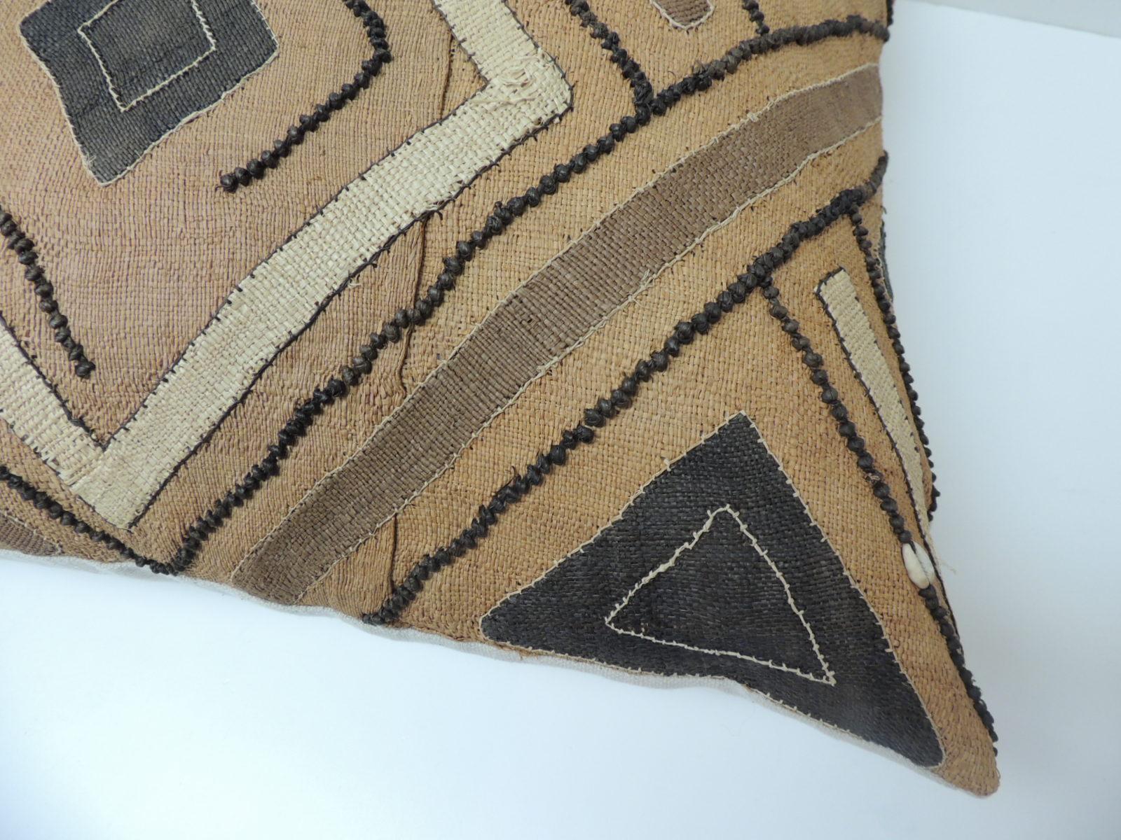 African Vintage Tan and Black Raffia Appliqué Kuba Decorative Pillow