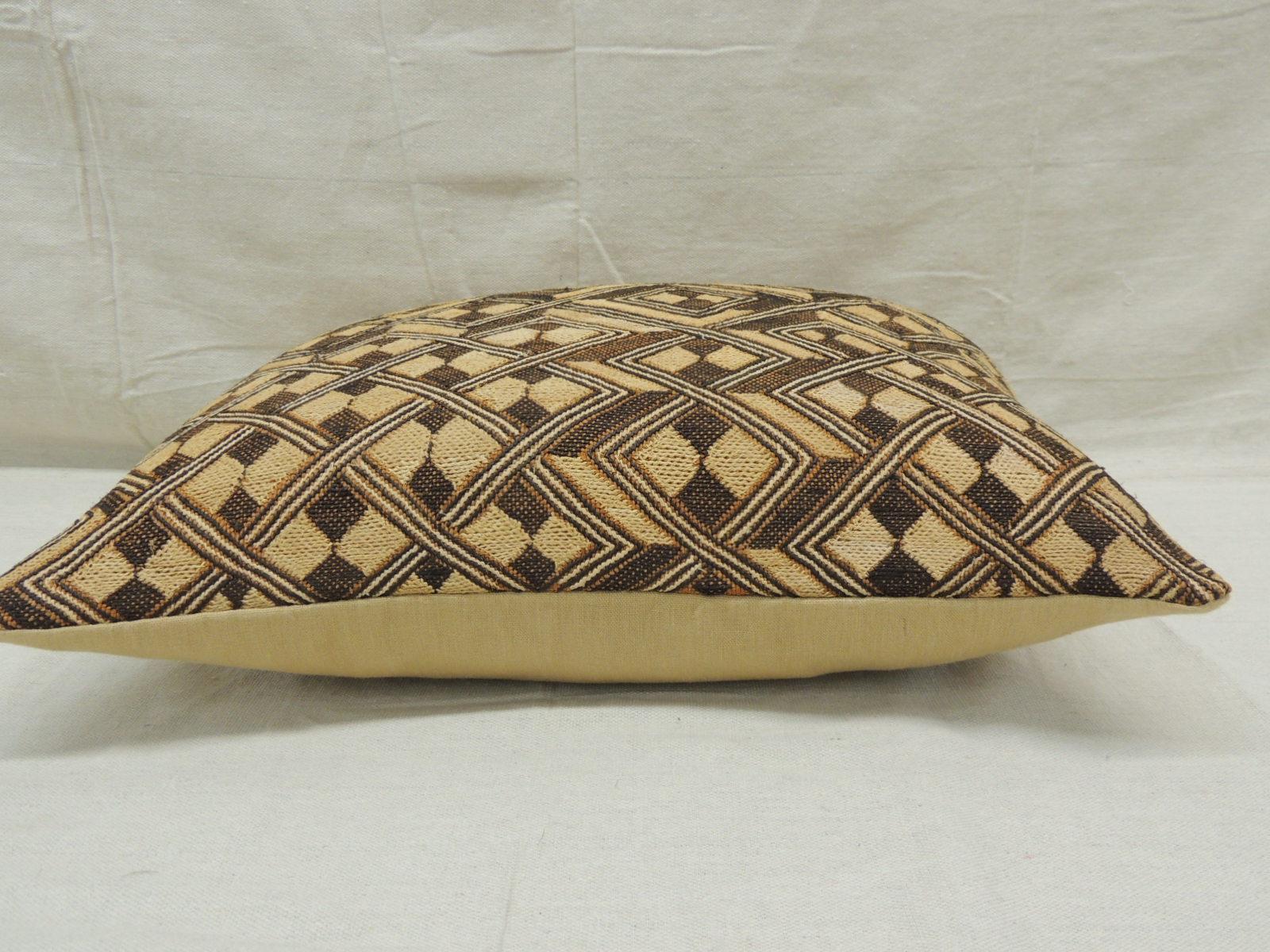 Congolese Vintage Tan and Brown African Kuba Decorative Bolster Pillow