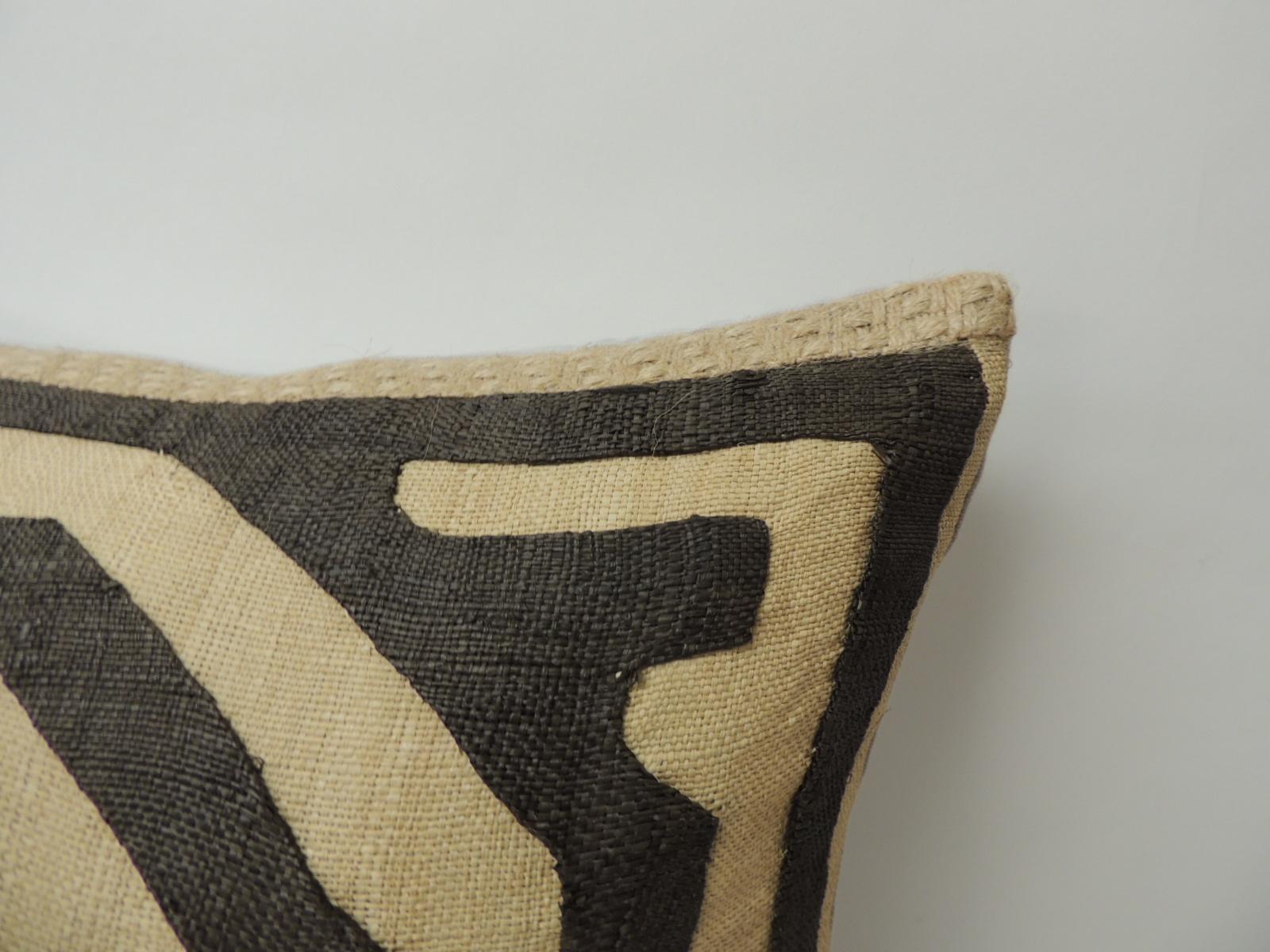 Tribal Vintage Tan and Brown Raffia Appliqué Kuba Decorative Pillow