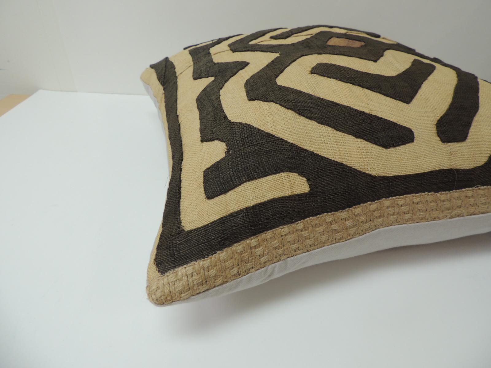 African Vintage Tan and Brown Raffia Appliqué Kuba Decorative Pillow