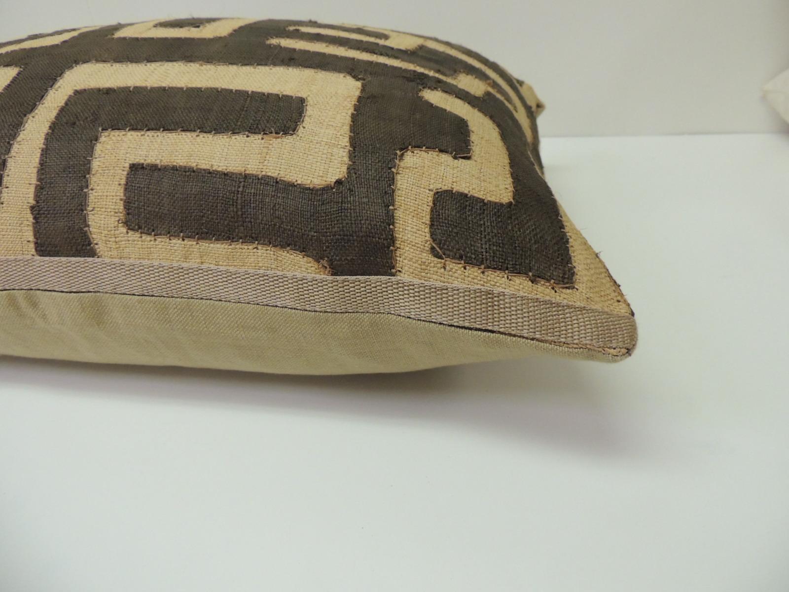 Hand-Crafted Vintage Tan and Brown Raffia Appliqué Kuba Decorative Pillow