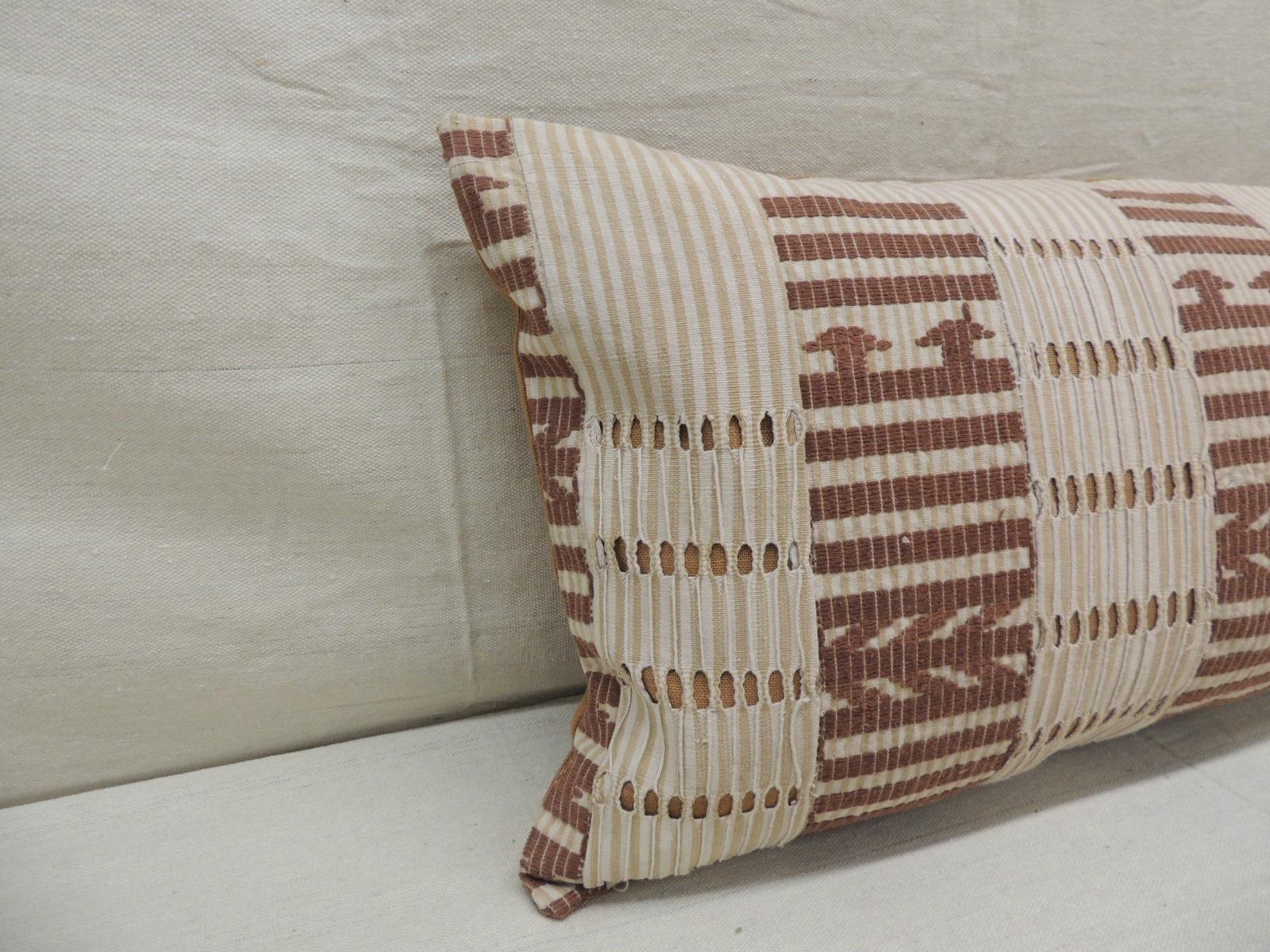 Tribal Vintage Tan and Brown Woven Ewe Stripweaves African Bolster Decorative Pillow