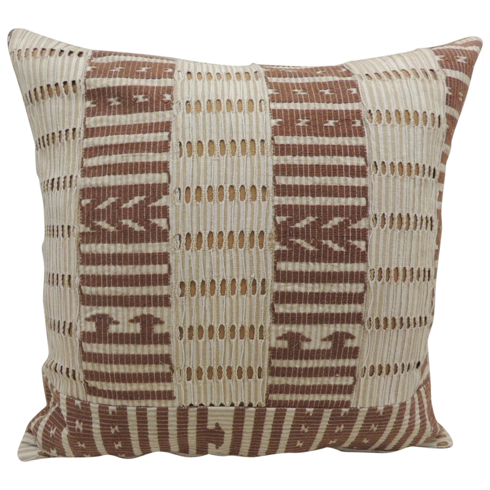 Vintage Tan and Brown African Kuba Decorative Bolster Pillow For Sale at 1stDibs