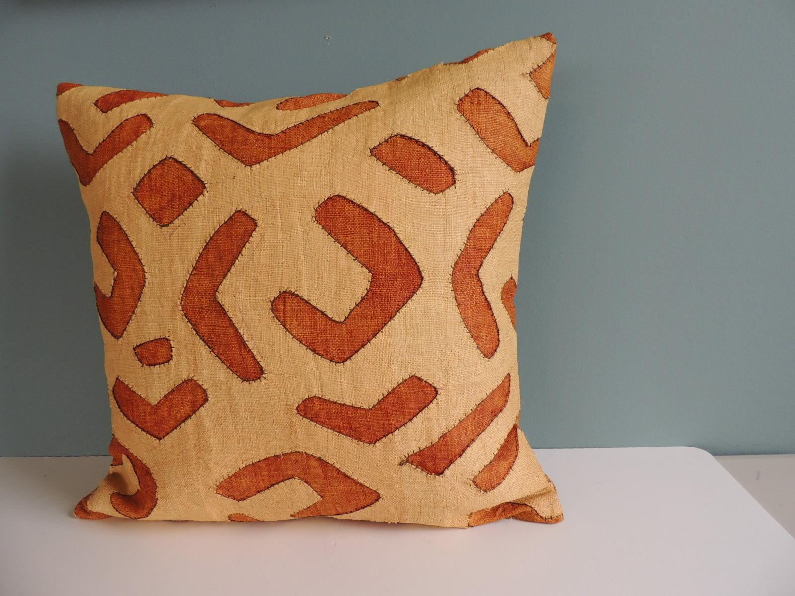 Tribal Vintage Tan and Camel African Raffia Kuba Textile Square Decorative Pillow