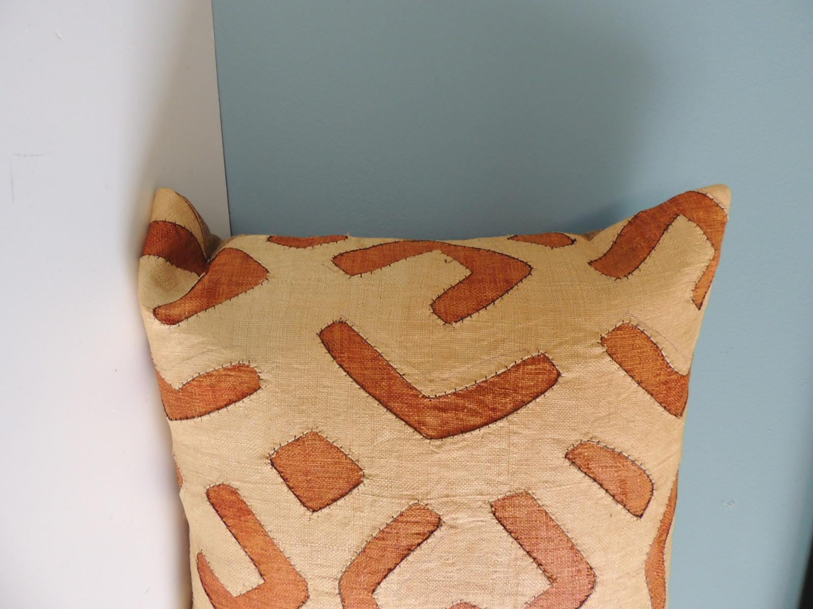 Tribal Vintage Tan and Camel African Raffia Kuba Textile Square Decorative Pillow