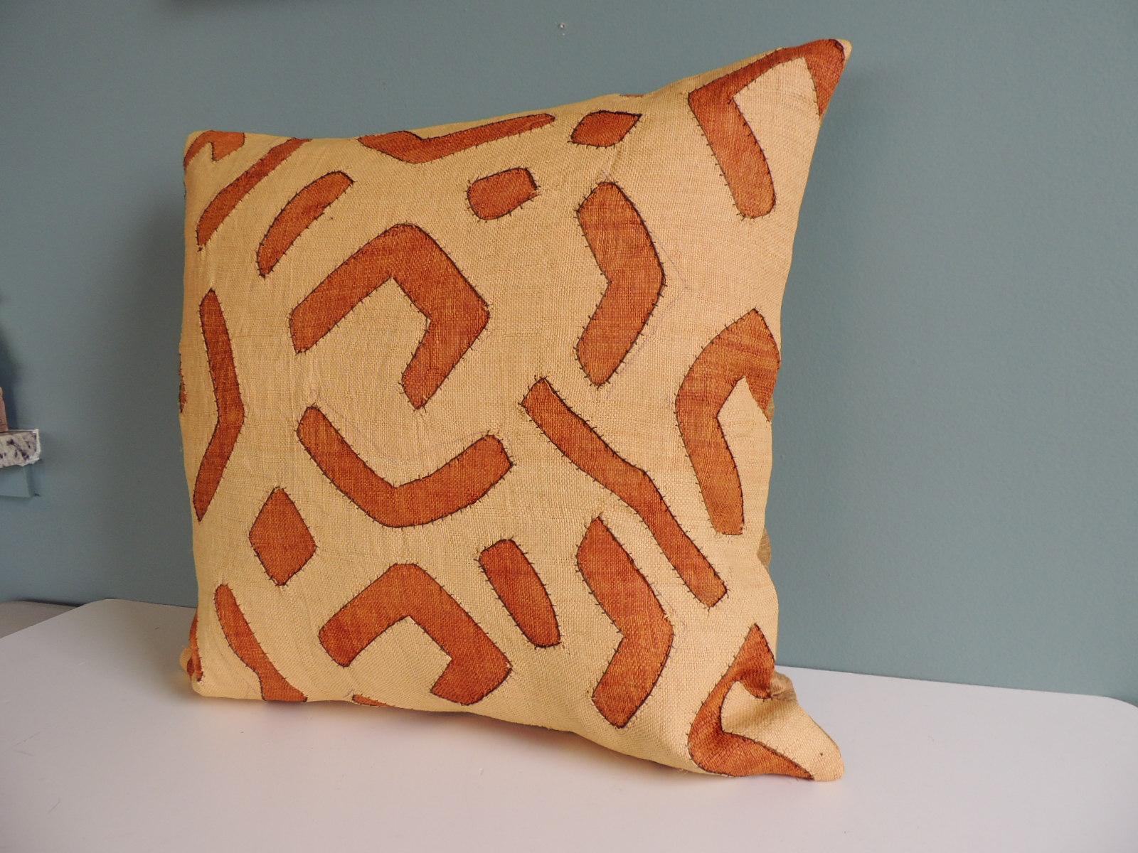 South African Vintage Tan and Camel African Raffia Kuba Textile Square Decorative Pillow