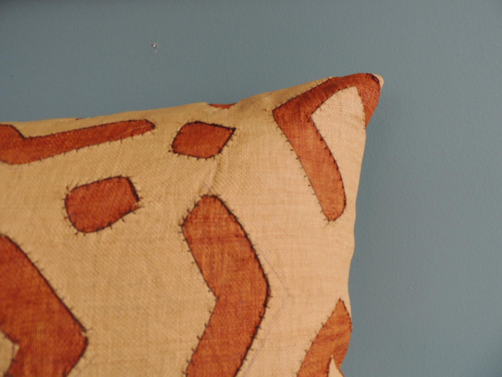 Hand-Crafted Vintage Tan and Camel African Raffia Kuba Textile Square Decorative Pillow