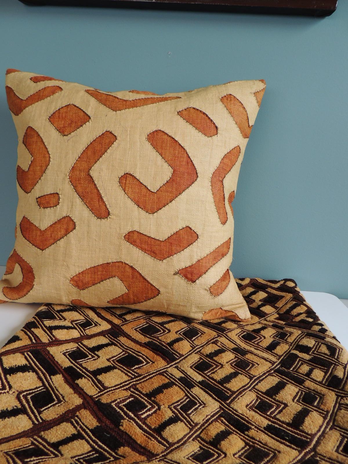 Silk Vintage Tan and Camel African Raffia Kuba Textile Square Decorative Pillow