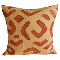 Vintage Tan and Camel African Raffia Kuba Textile Square Decorative Pillow