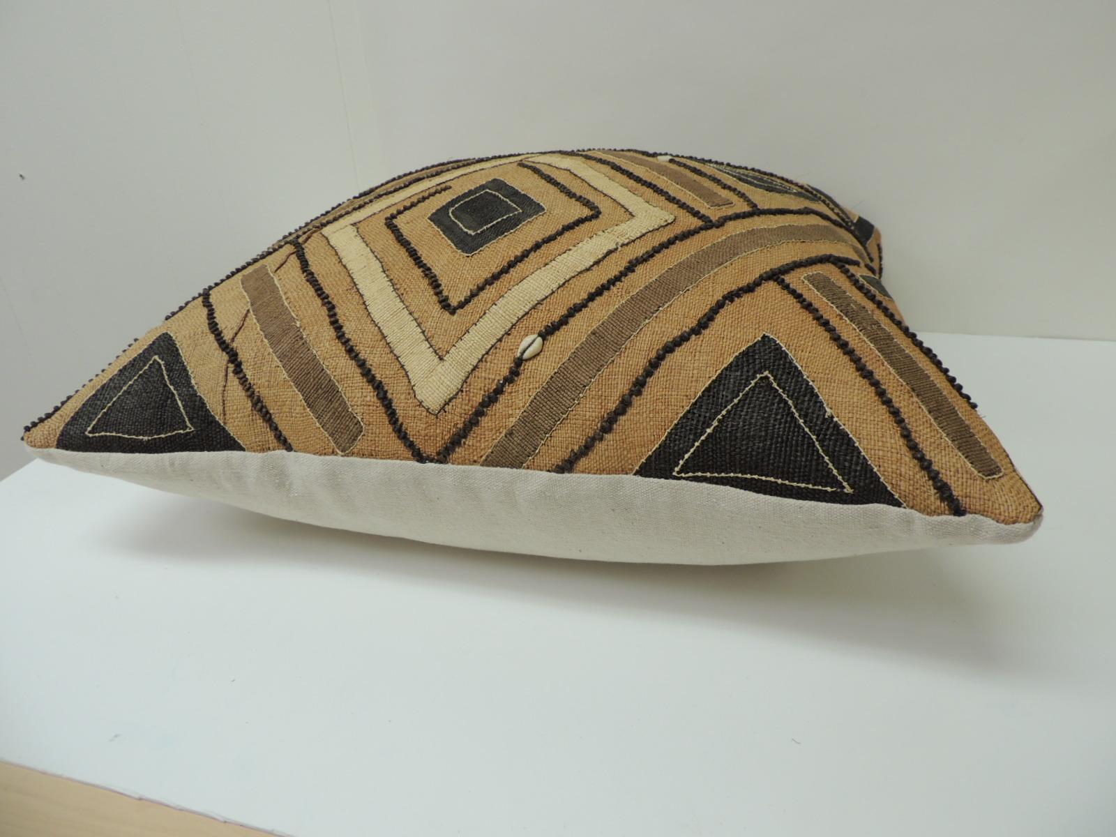 African Vintage Tan and Black Raffia Appliqué Kuba Decorative Pillow