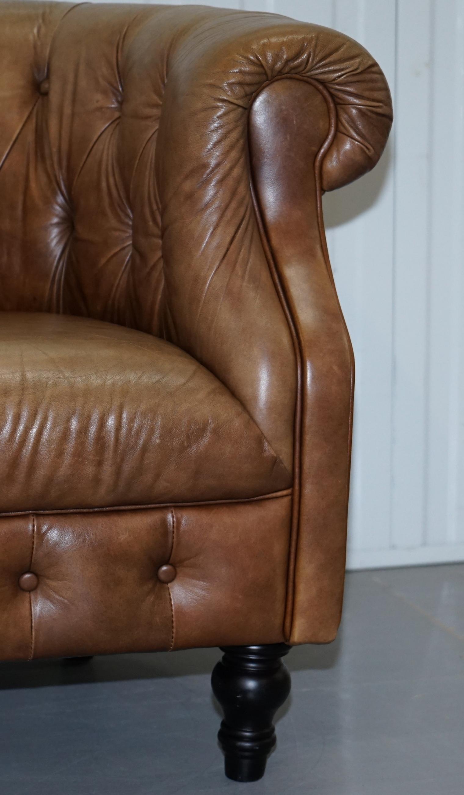 Contemporary Vintage Tan Brown Leather Chesterfield Buttoned Club Tub Armchair Wood Legs