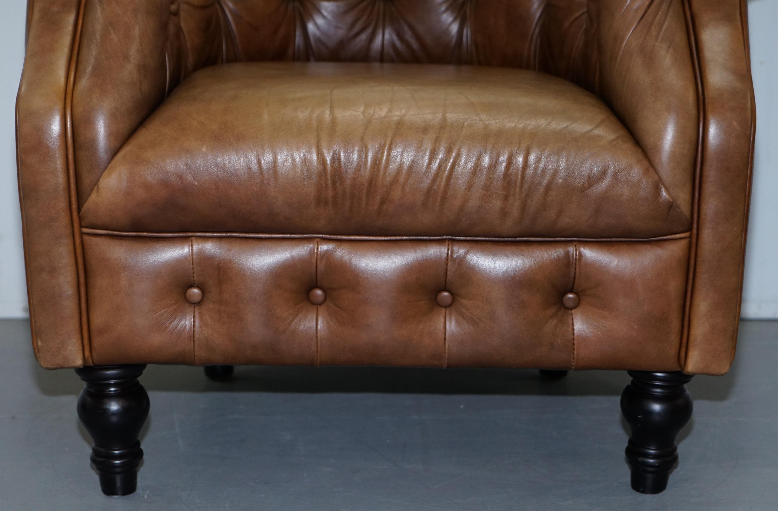 Vintage Tan Brown Leather Chesterfield Buttoned Club Tub Armchair Wood Legs 2