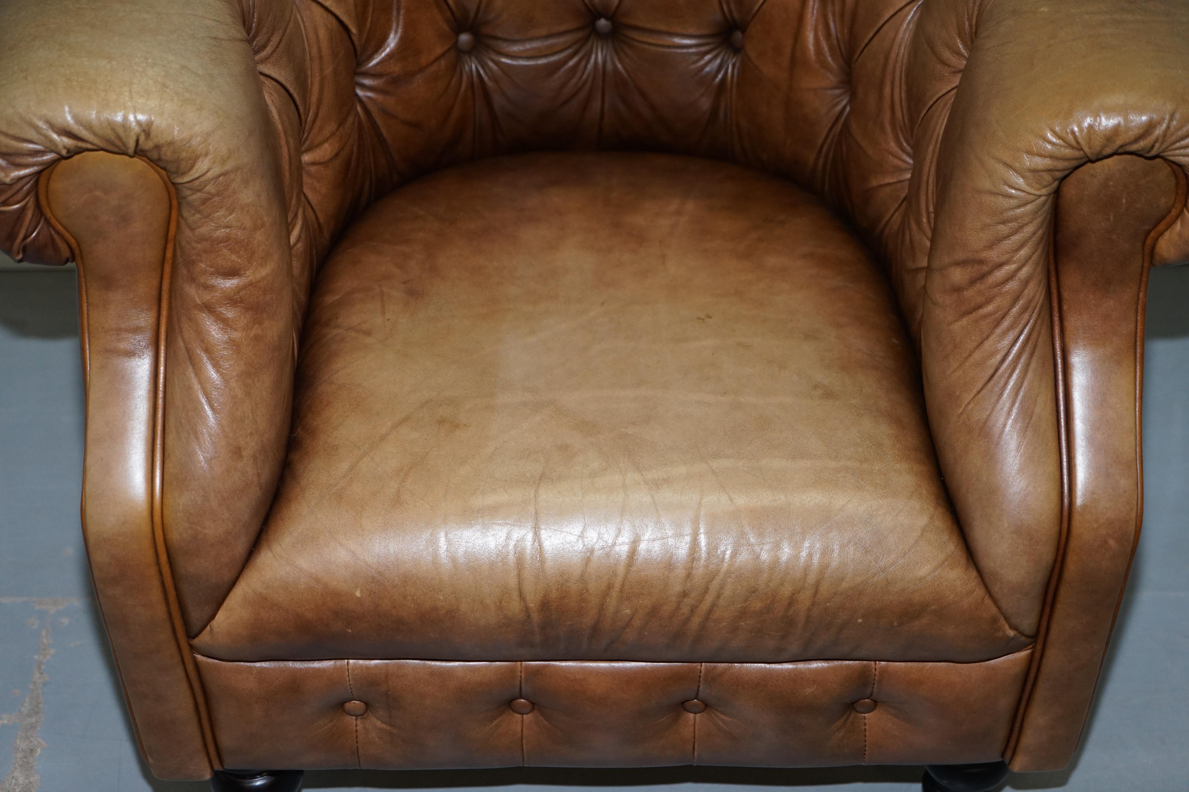 Vintage Tan Brown Leather Chesterfield Buttoned Club Tub Armchair Wood Legs 3