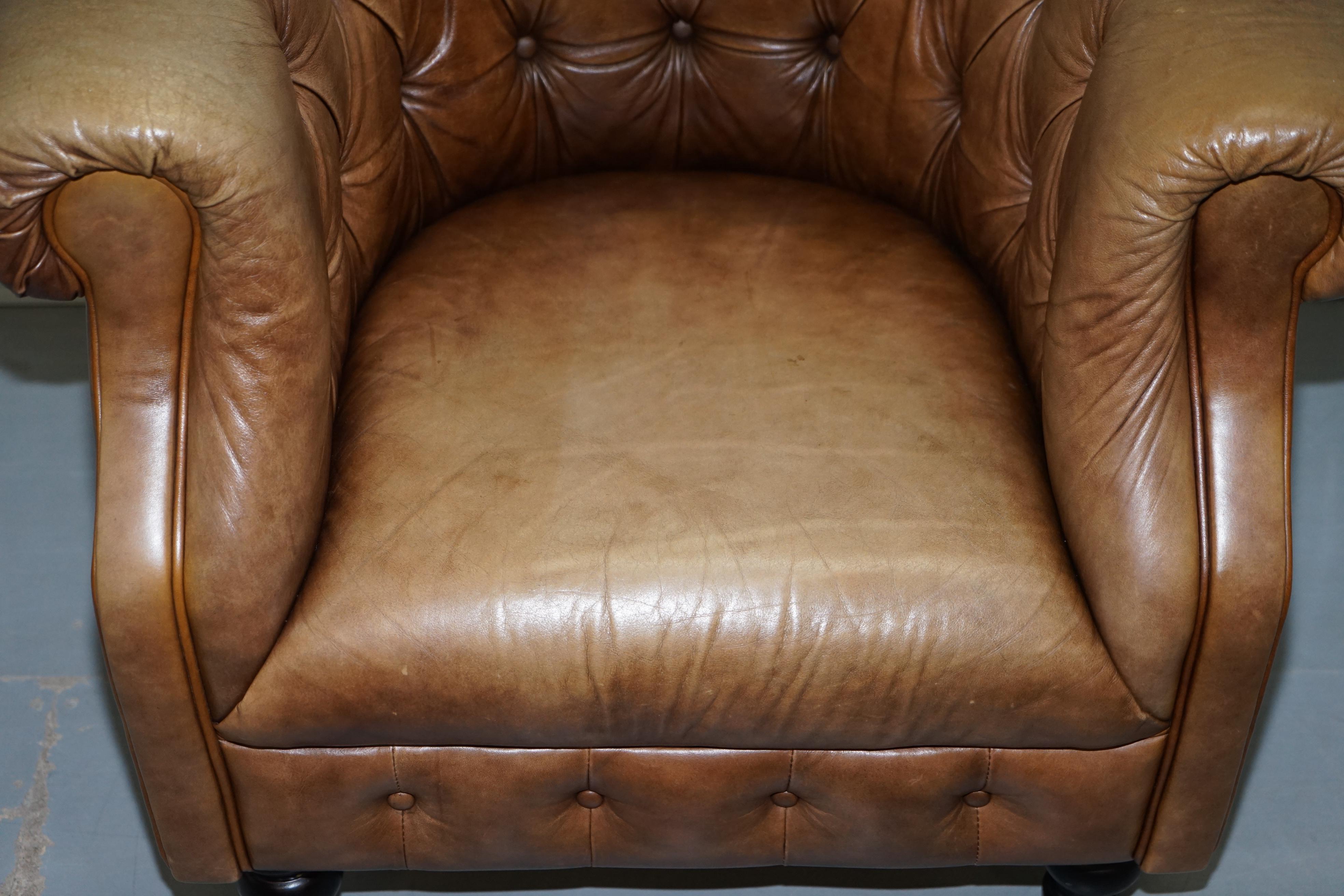 Vintage Tan Brown Leather Chesterfield Buttoned Club Tub Armchair Wood Legs 2