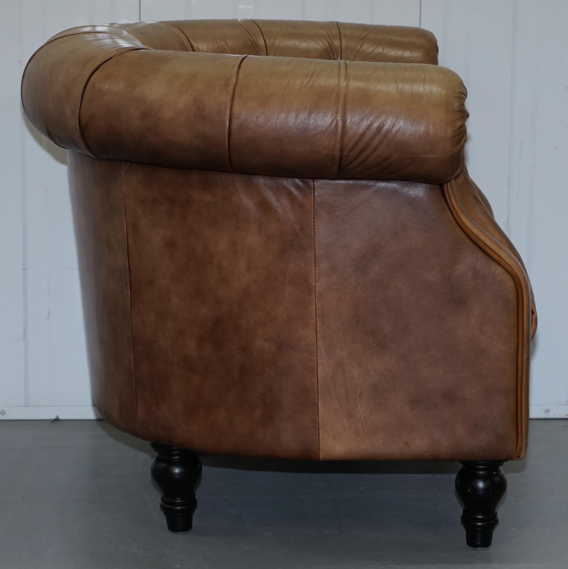 Vintage Tan Brown Leather Chesterfield Buttoned Club Tub Armchair Wood Legs 4