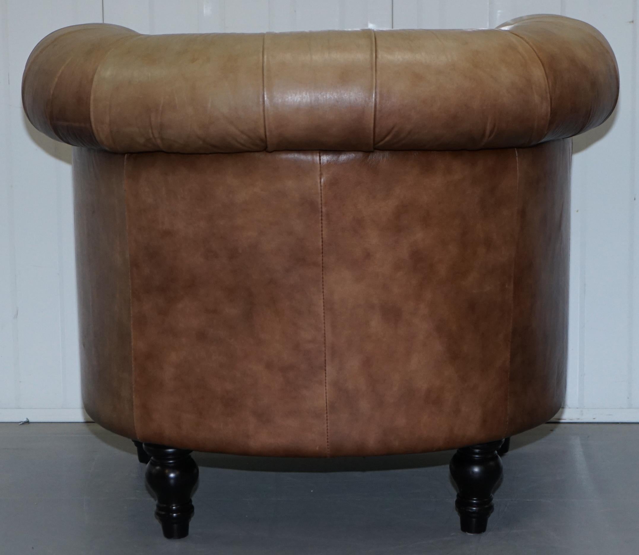 Vintage Tan Brown Leather Chesterfield Buttoned Club Tub Armchair Wood Legs 5