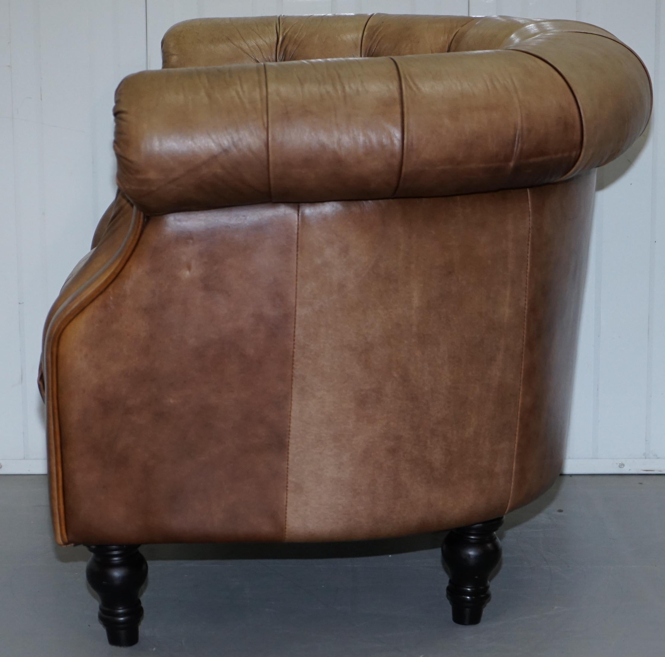 Vintage Tan Brown Leather Chesterfield Buttoned Club Tub Armchair Wood Legs 6