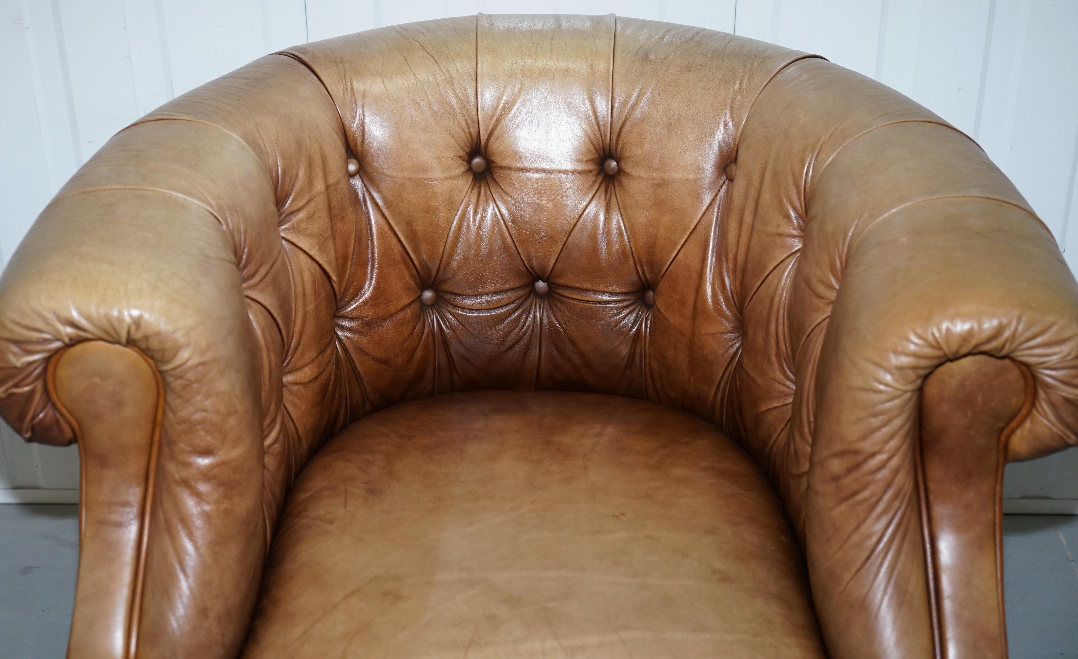 Modern Vintage Tan Brown Leather Chesterfield Buttoned Club Tub Armchair Wood Legs