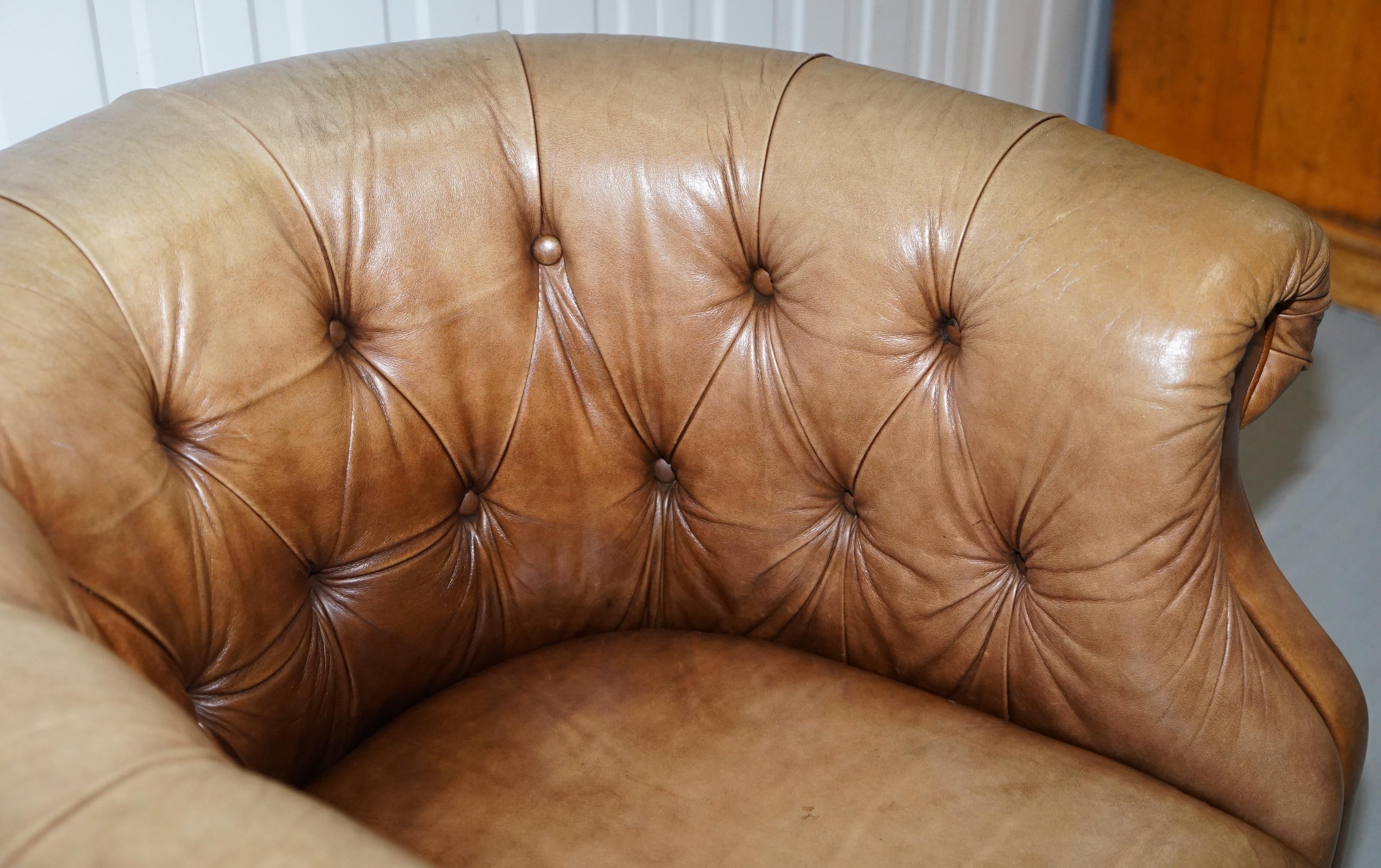 Hand-Carved Vintage Tan Brown Leather Chesterfield Buttoned Club Tub Armchair Wood Legs