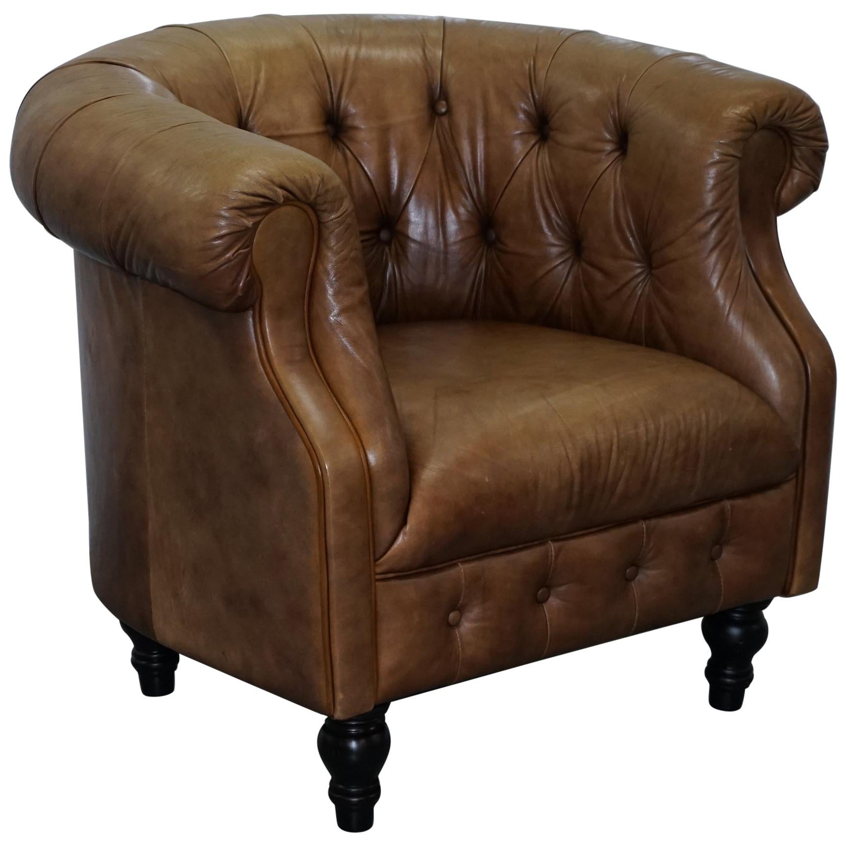 Vintage Tan Brown Leather Chesterfield Buttoned Club Tub Armchair Wood Legs