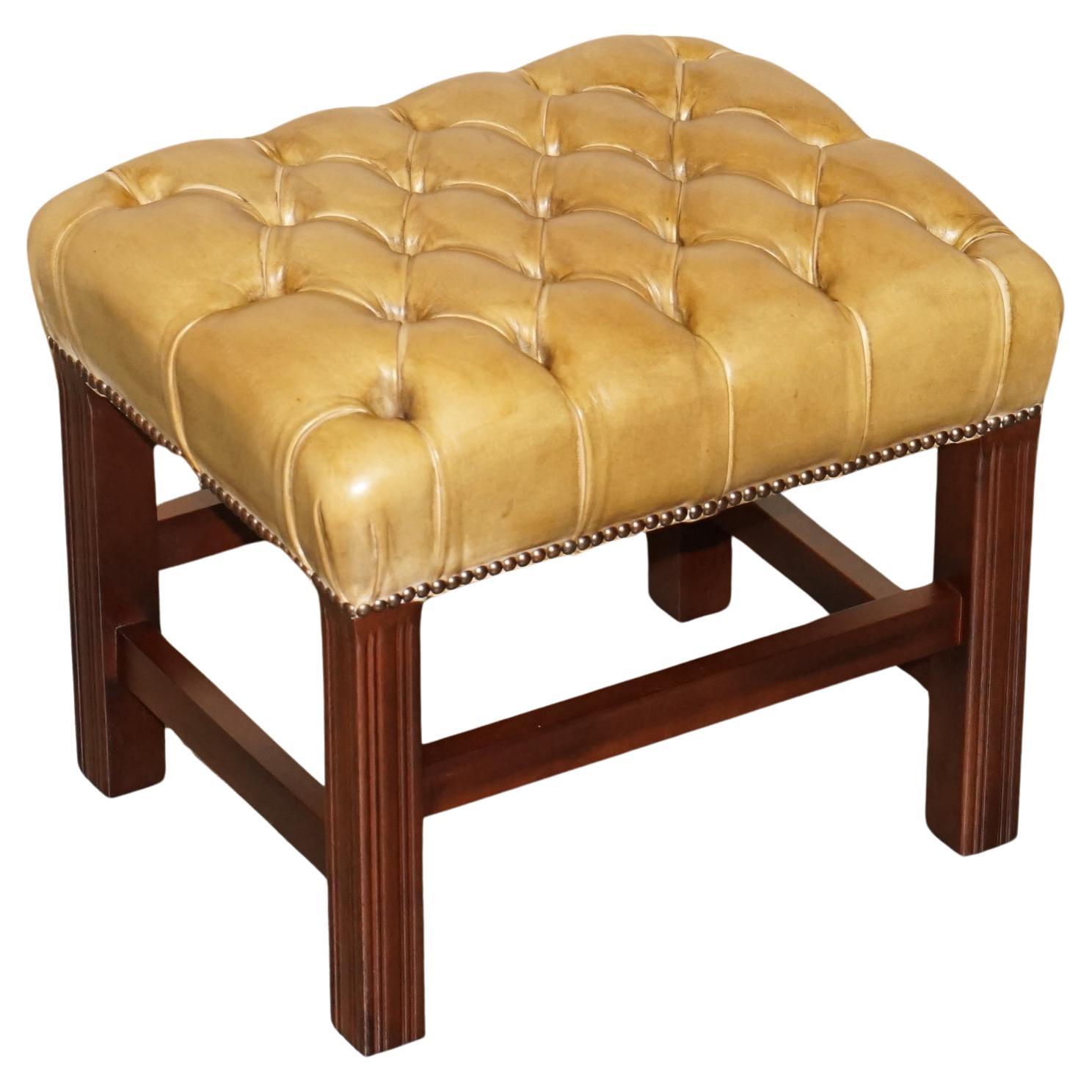 VINTAGE TAN BROWN LEATHER CHESTERFIELD TUFTED BARON FOOTSTOOL PART OF SUiTE
