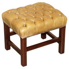 Antique TAN BROWN LEATHER CHESTERFIELD TUFTED BARON FOOTSTOOL PART OF SUiTE