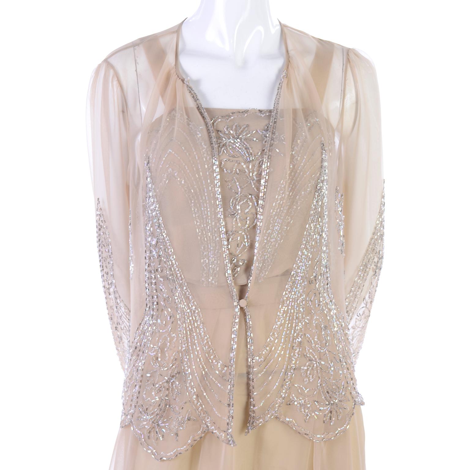 Beige Vintage Tan Jack Bryan 1920s Style Beaded Dress With Sheer Chiffon Jacket