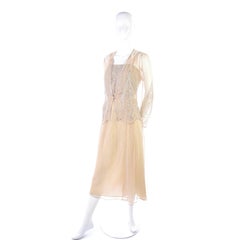 Vintage Tan Jack Bryan 1920s Style Beaded Dress With Sheer Chiffon Jacket