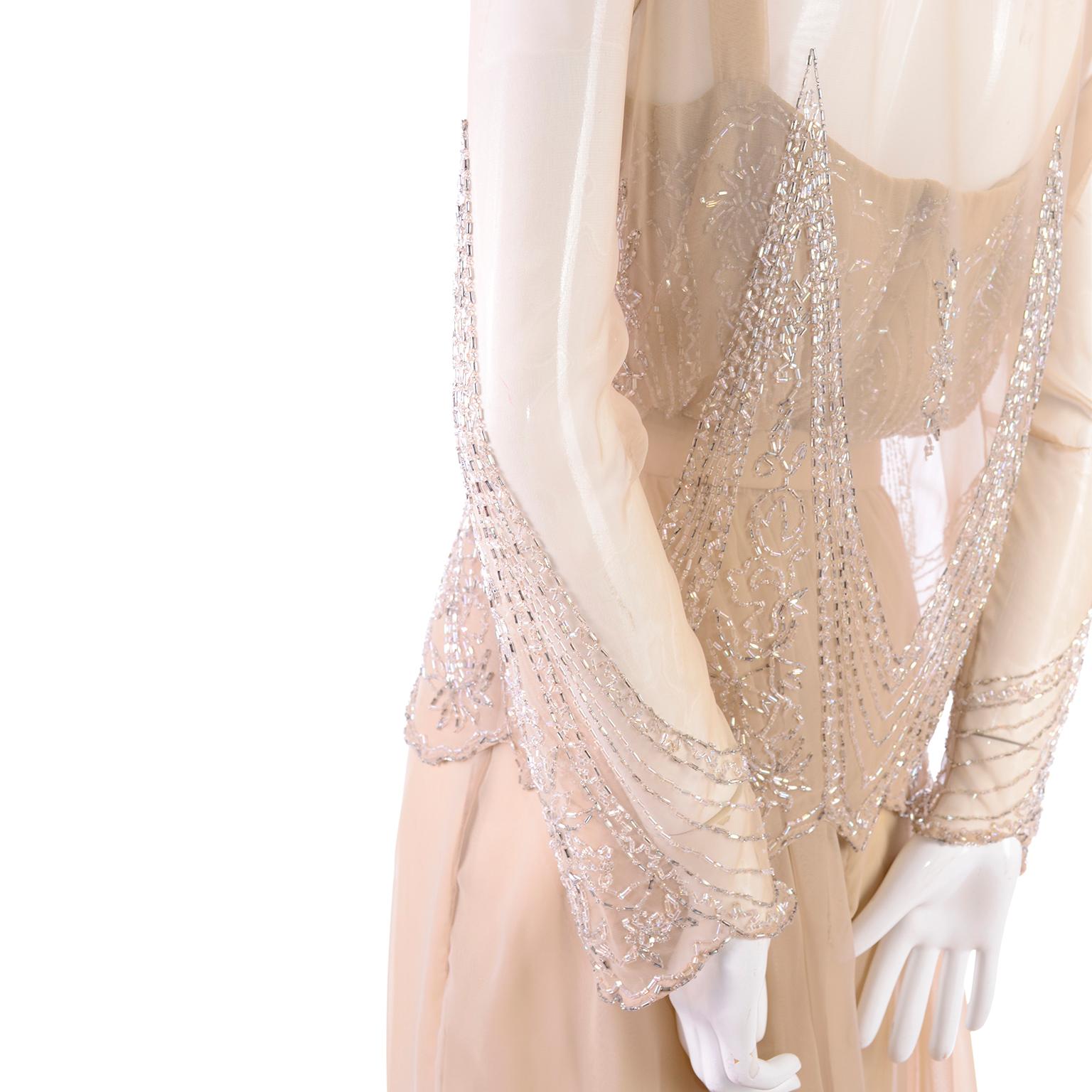 Vintage Tan Jack Bryan 1920s Style Beaded Dress With Sheer Chiffon Jacket In Excellent Condition In Portland, OR