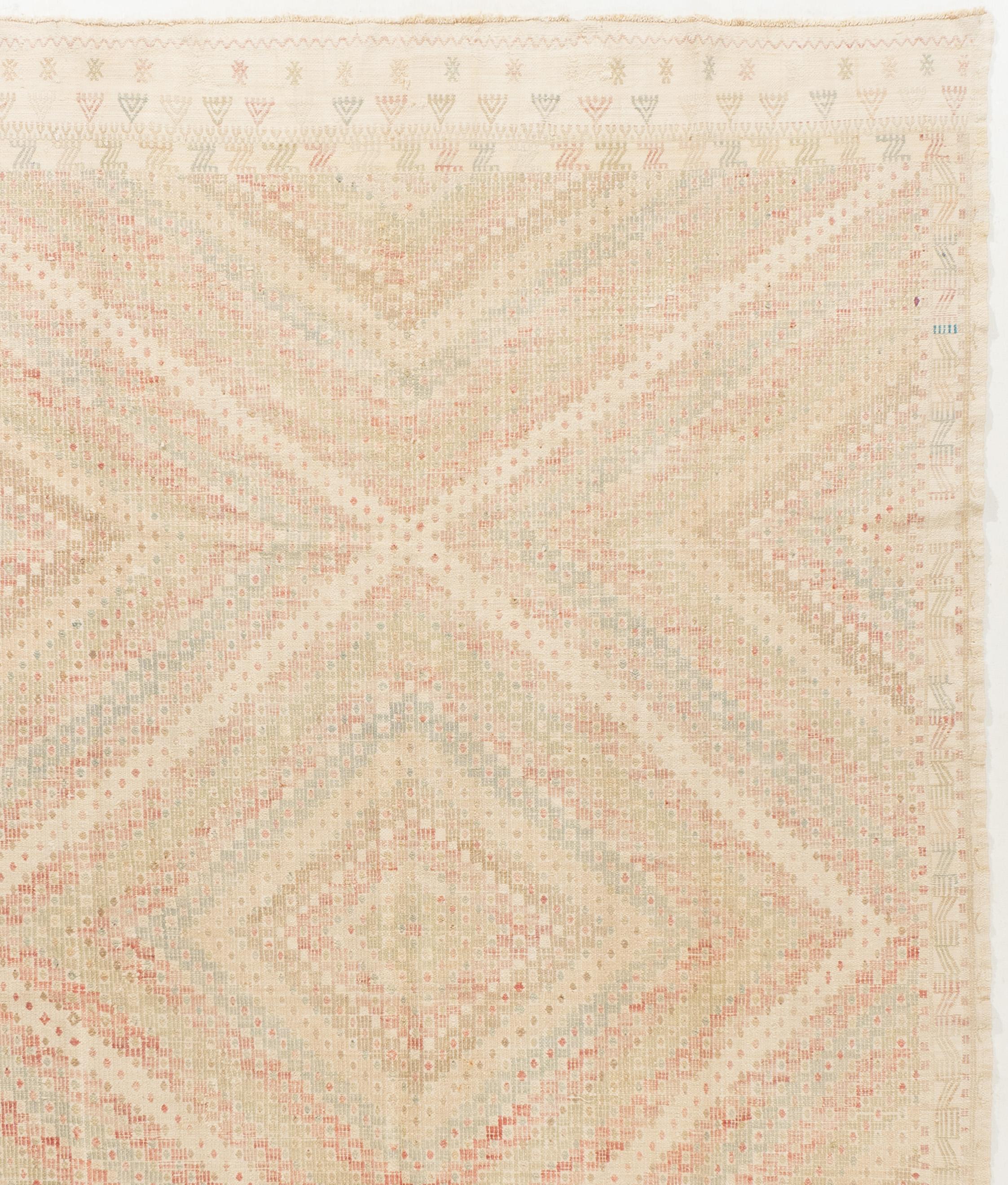 6'7 X 10'4. The Jajim (cecim) technique is followed in Turkey, Persia and the Caucasus and consists of a plain weave (equal warps and wefts) ground with an added (supplementary) weft pattern. The wefts are usually discontinuous, cut off on the verso