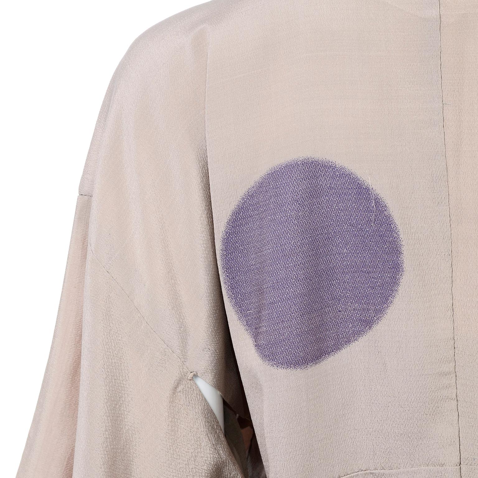 Brown Vintage Tan Kimono With Purple and Red Lamé Circles Dots & Pink Lining For Sale