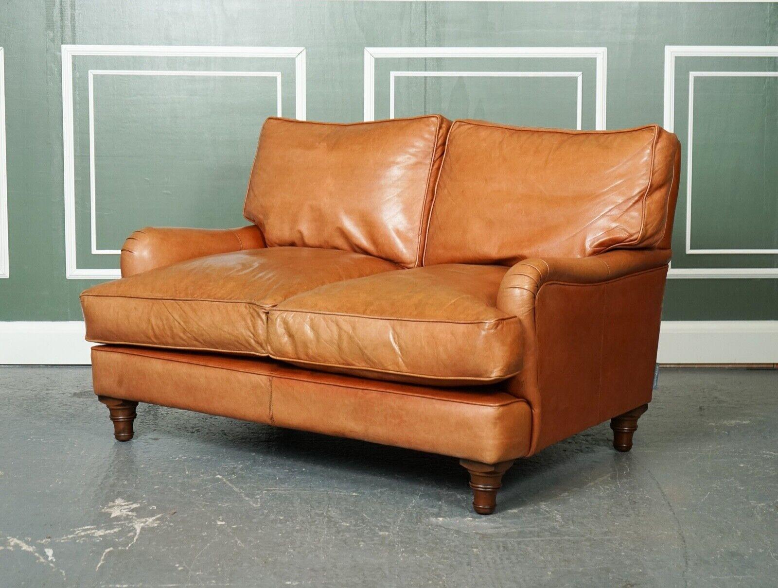 British Vintage Tan Leather 2 Seater Howard Style Sofa Duck Feather Filled Cushions