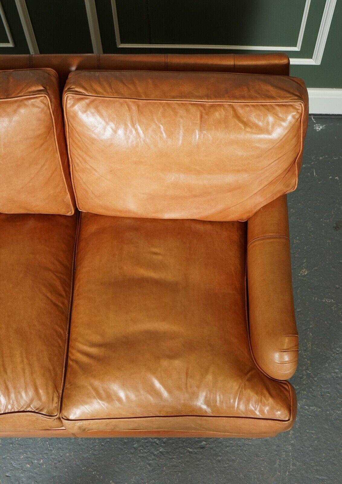 Vintage Tan Leather 2 Seater Howard Style Sofa Duck Feather Filled Cushions 1