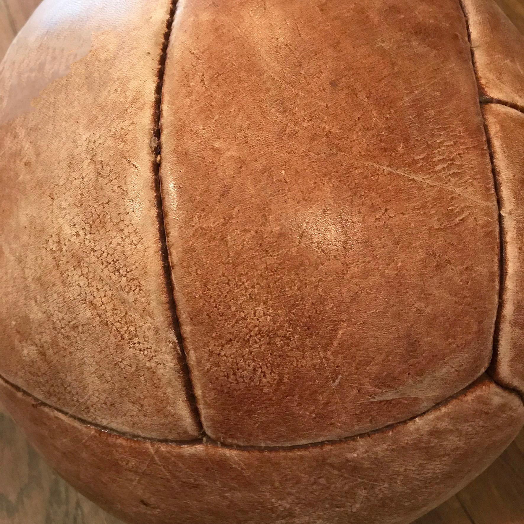 Vintage Tan Leather Medicine Ball In Good Condition In Brooklyn, NY