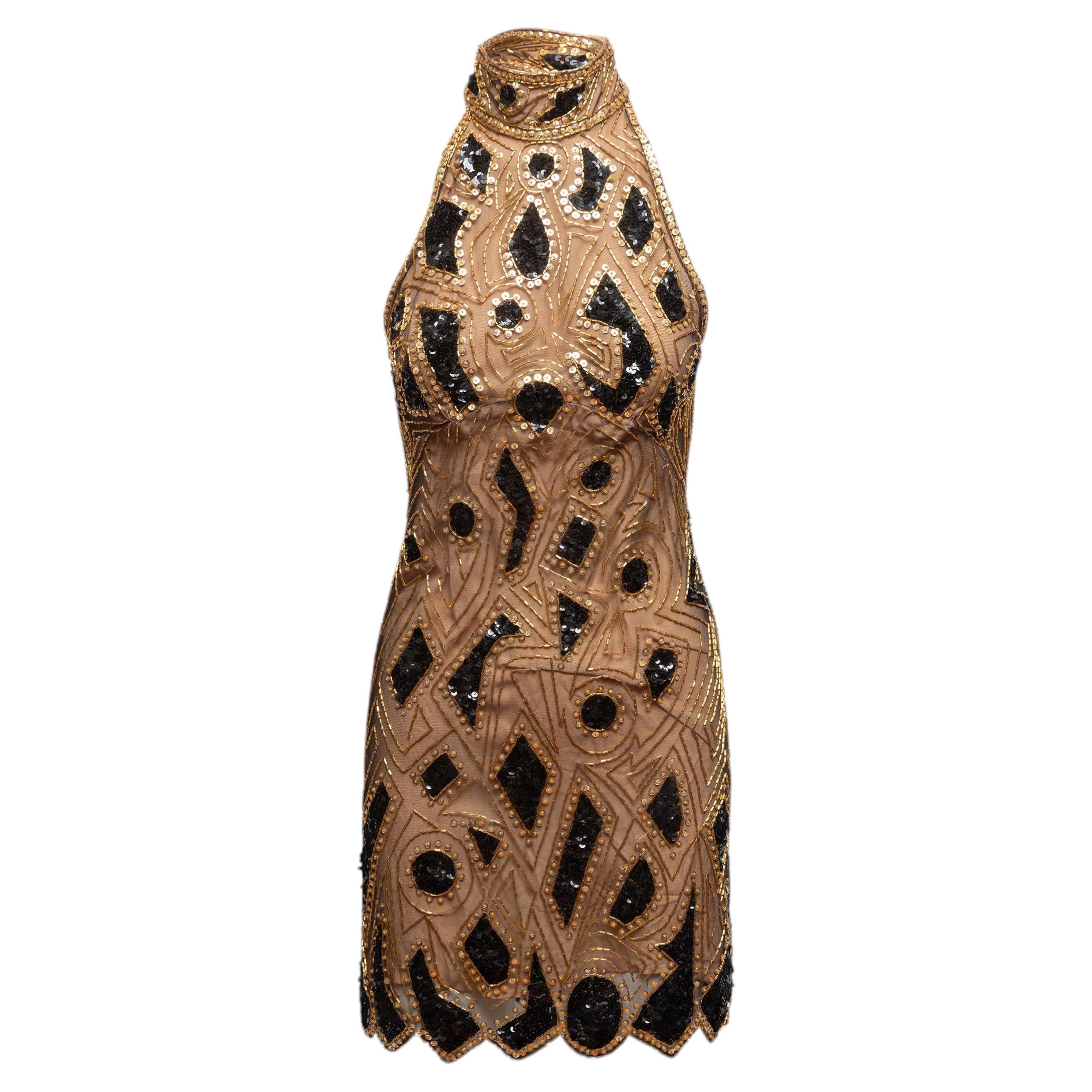 Vintage Tan & Multicolor Bob Mackie Seide Perlen Halter Mini Kleid