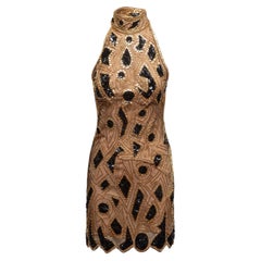 Vintage Tan & Multicolor Bob Mackie Silk Beaded Halter Mini Dress