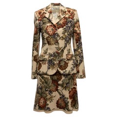 Vintage Tan & Multicolor Miguel Adrovar Fall/Winter 2002 Wool Floral Skirt Suit