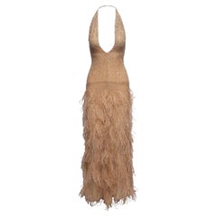 Vintage Tan Oscar de la Renta 1990s Embellished Halter Evening Gown Size US 4