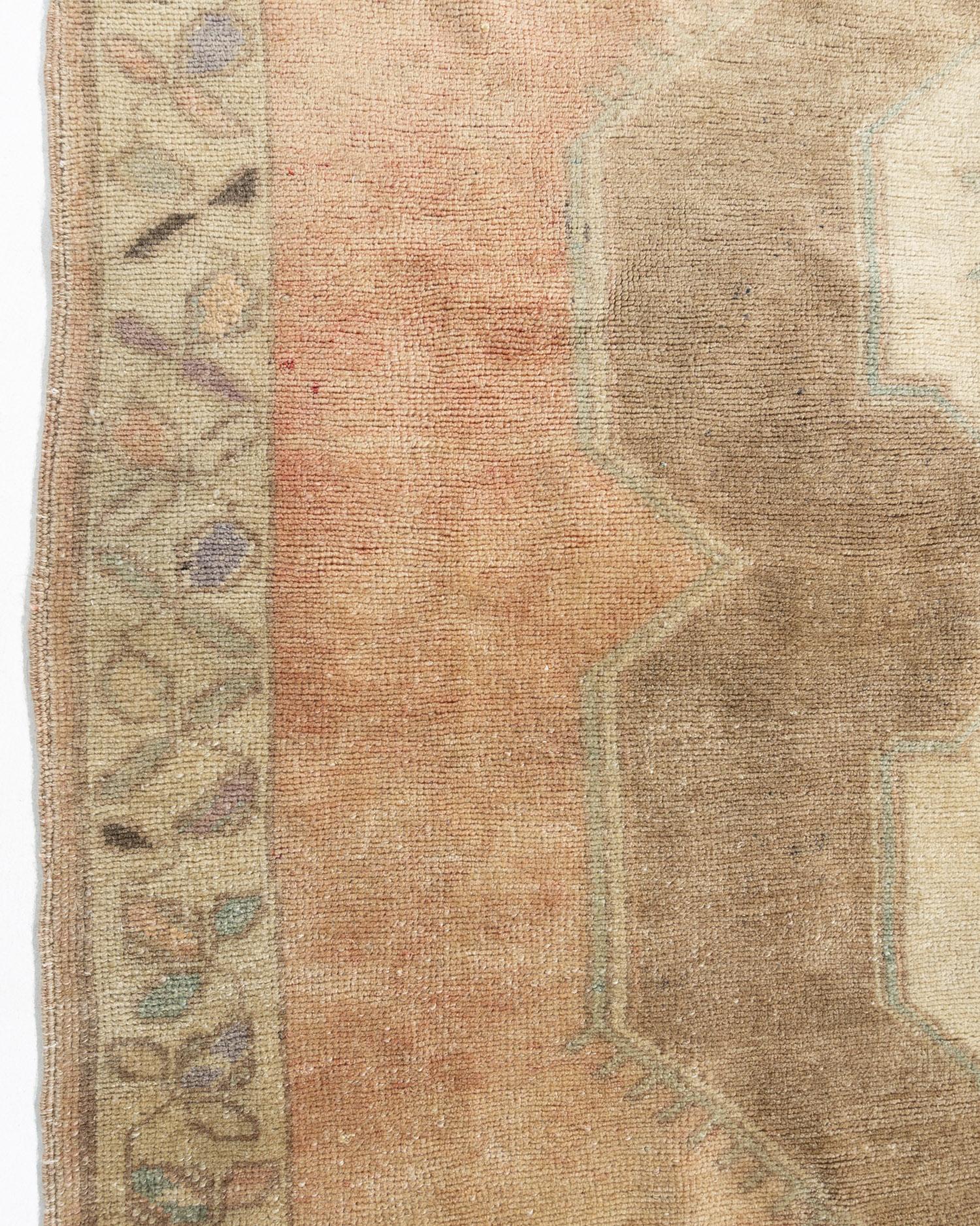 Vintage Tan Turkish Oushak Area Rug, 5'1 X 9'5. Oushak's are known for their soft palettes combined with eccentric drawing. Oushak in western Turkey has the longest continuous rug weaving history, stretching back at least to the mid-fifteenth