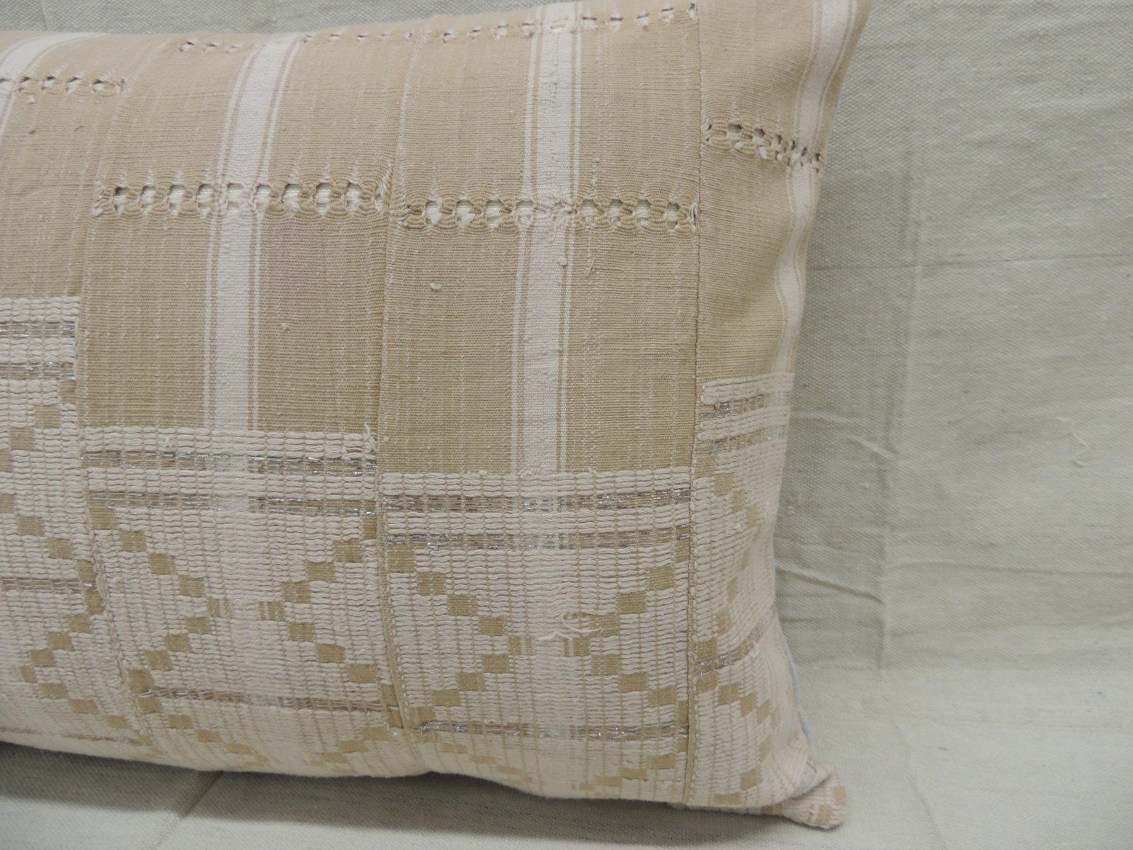 Tribal Vintage Tan & White Woven Ewe Stripweaves African Bolster Decorative Pillow