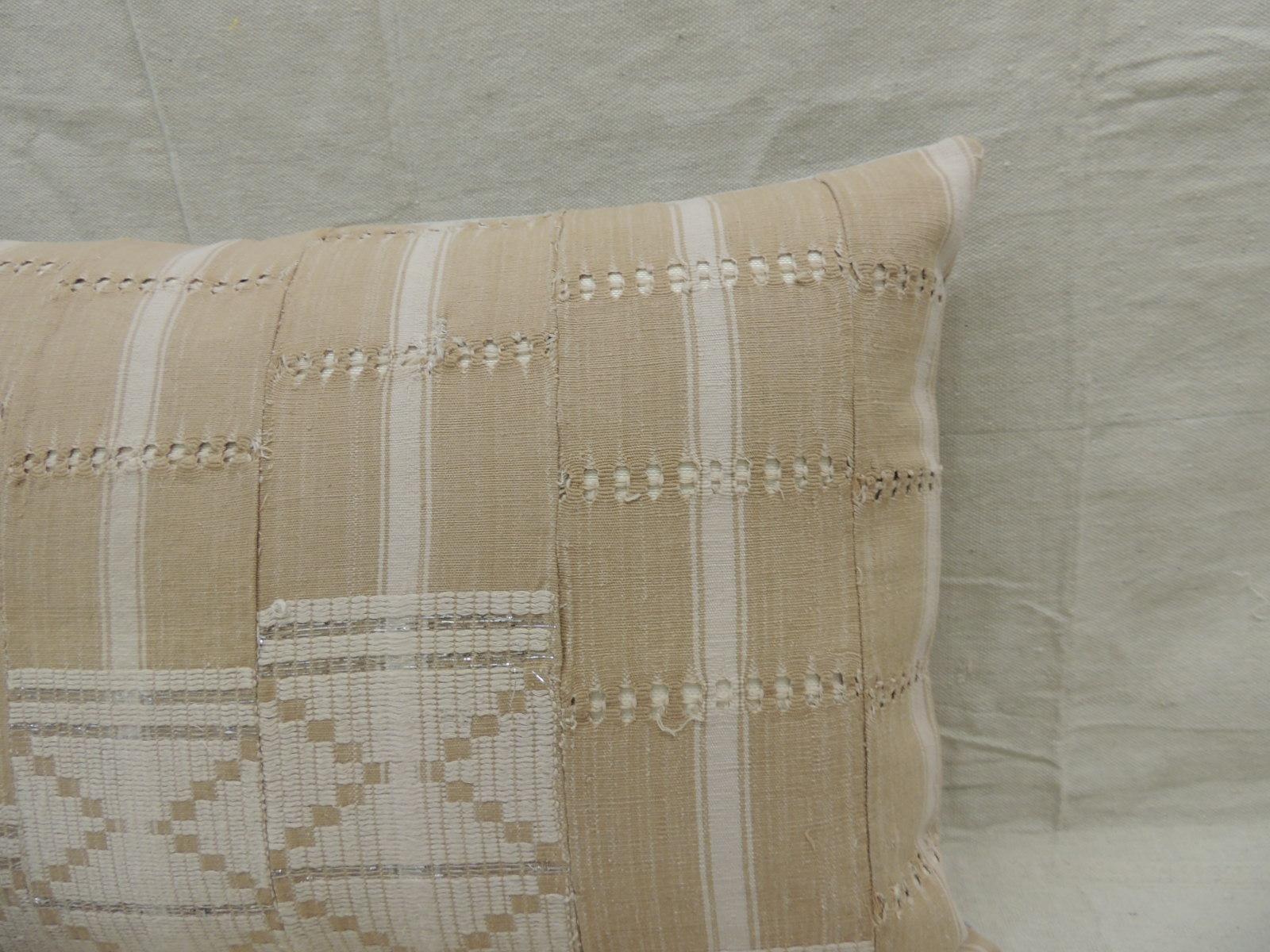 Tribal Vintage Tan and White Woven Ewe Stripweaves African Bolster Decorative Pillow