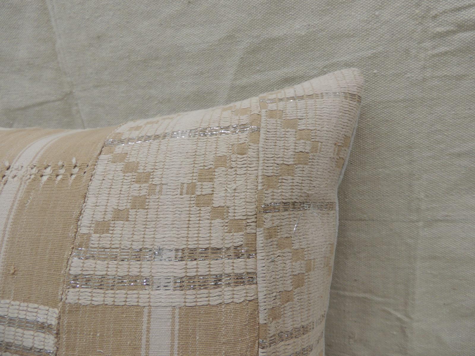 Ghanaian Vintage Tan and White Woven Ewe Stripweaves African Bolster Decorative Pillow