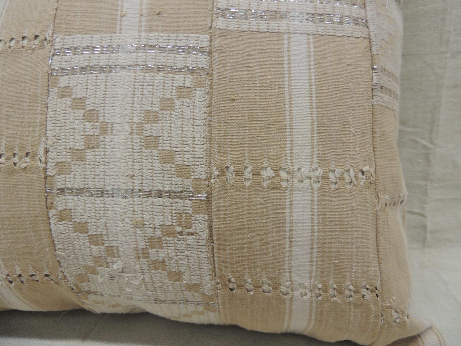 Hand-Crafted Vintage Tan and White Woven Ewe Stripweaves African Bolster Decorative Pillow