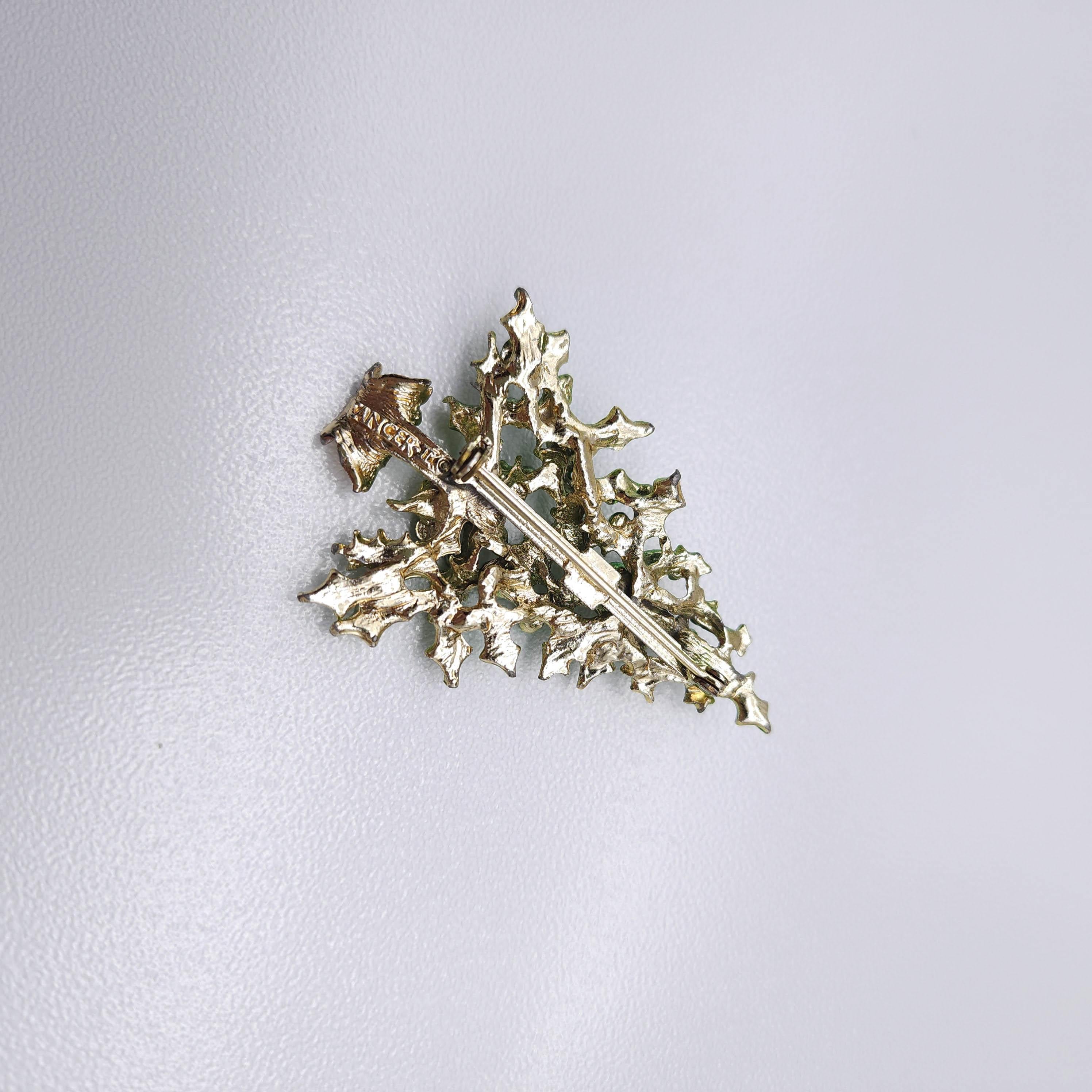 Round Cut Vintage Tancer II Holly Leaf Christmas Tree Brooch in White Gold, Green Enamel For Sale