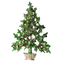 Vintage Tancer II Holly Leaf Christmas Tree Brooch in White Gold, Green Enamel