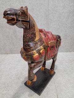 Vintage Tang Dynasty Style Carved and Hand Painted War Horse Floor Statues Sculp