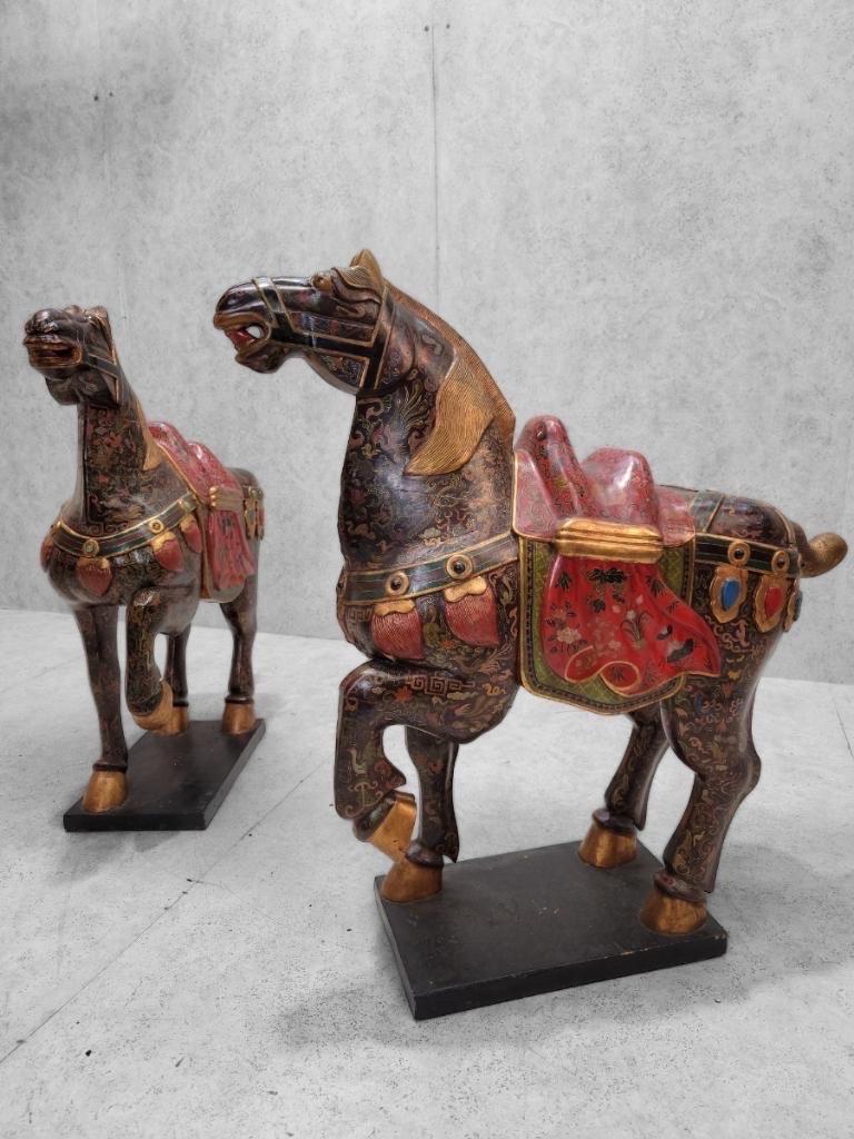 20th Century Vintage Tang Dynasty Style Carved and Hand Painted War Horse Floor Statues Sculp For Sale
