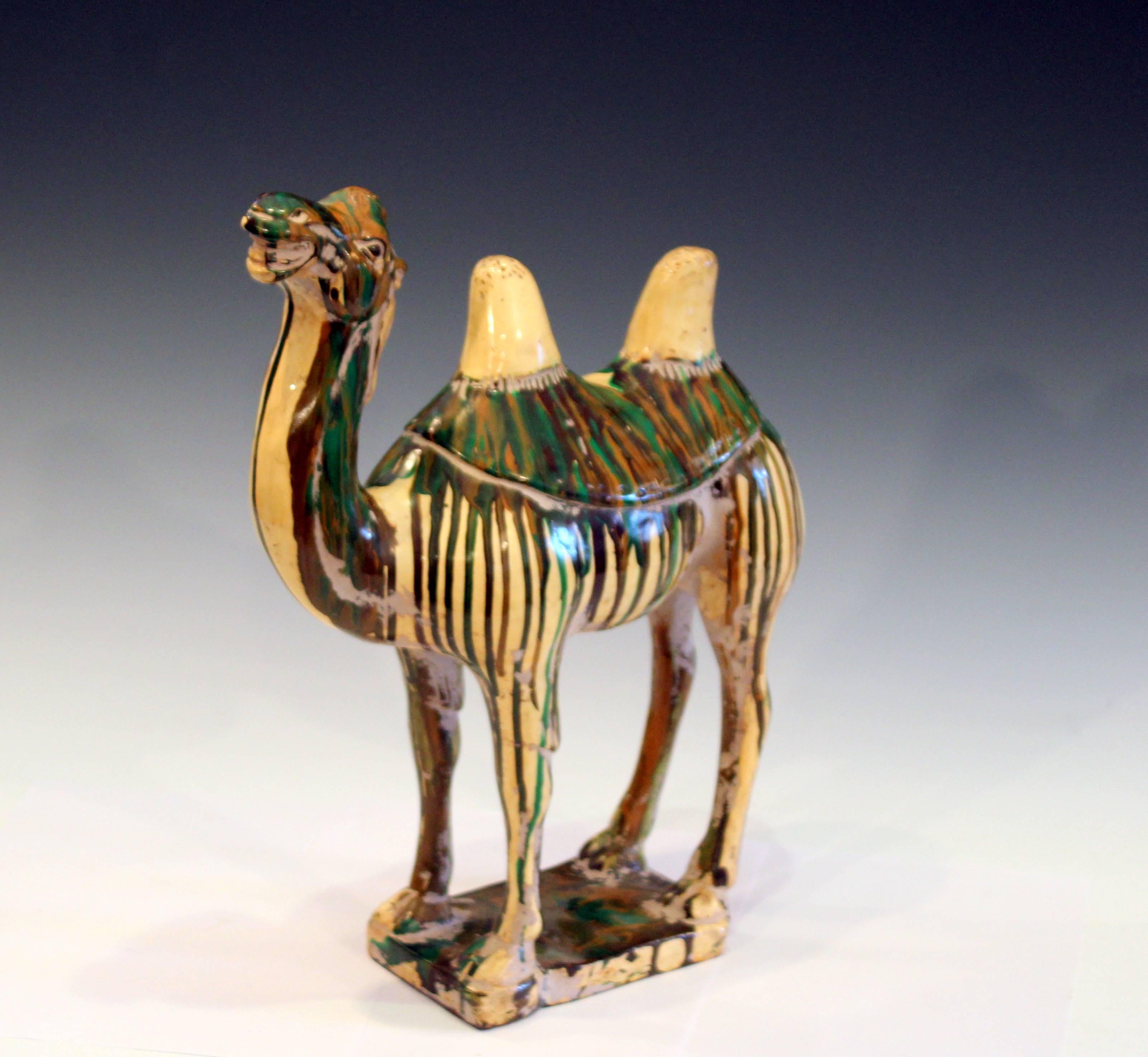 Vintage Tang Style Folk Art Pottery Two Hump Camel Figure Sculpture, 1960s In Excellent Condition For Sale In Wilton, CT