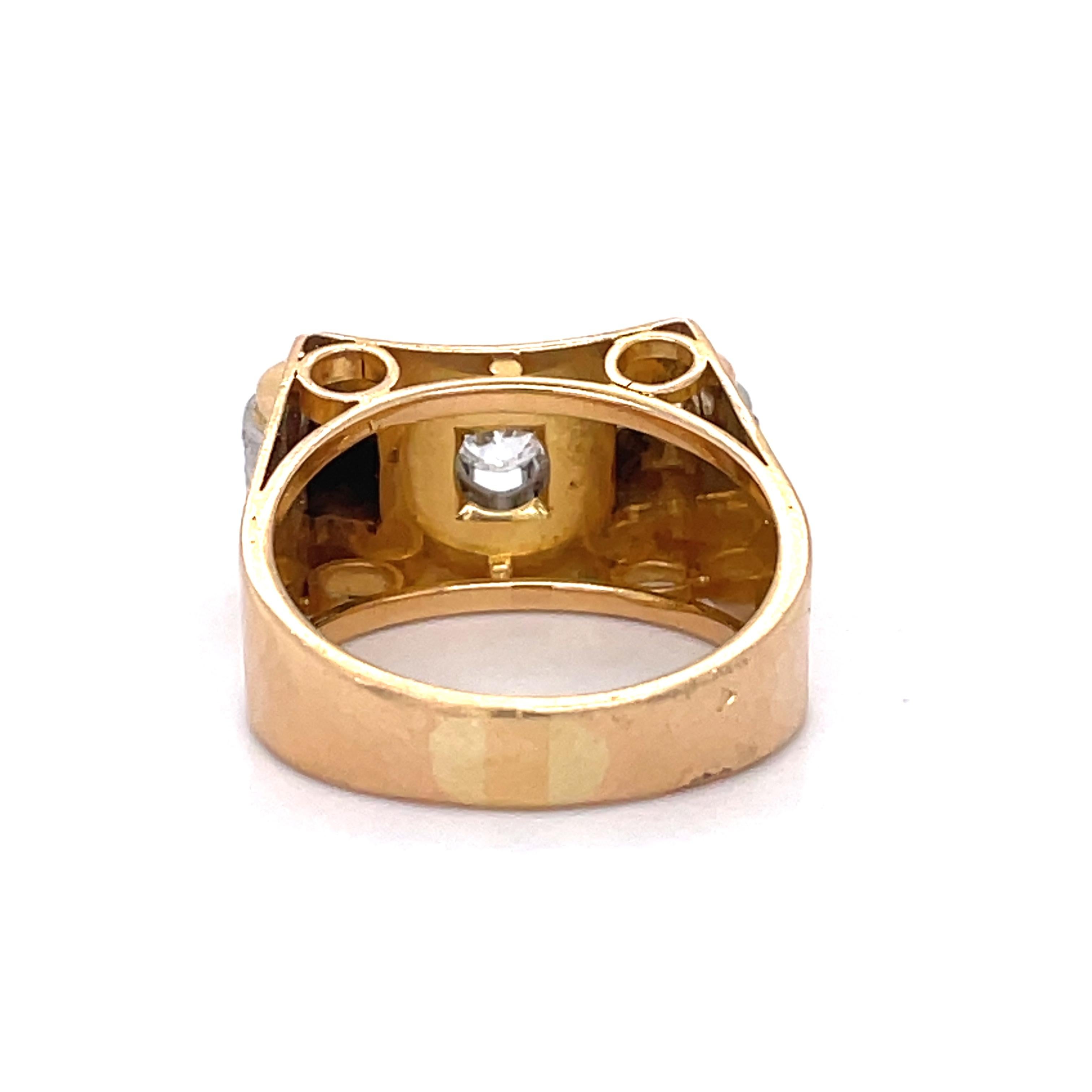 Post-War Vintage Tank Gold Ring, 18k Yellow Gold, Platinum Details, Old European Diamond For Sale